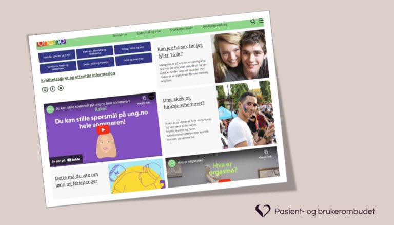 Skjermbilde av hvordan forsiden på ung.no ser ut